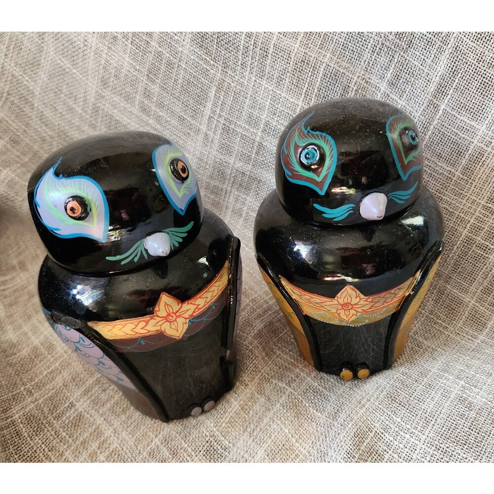 Set of two, Antique Burmese Lacquer Owls